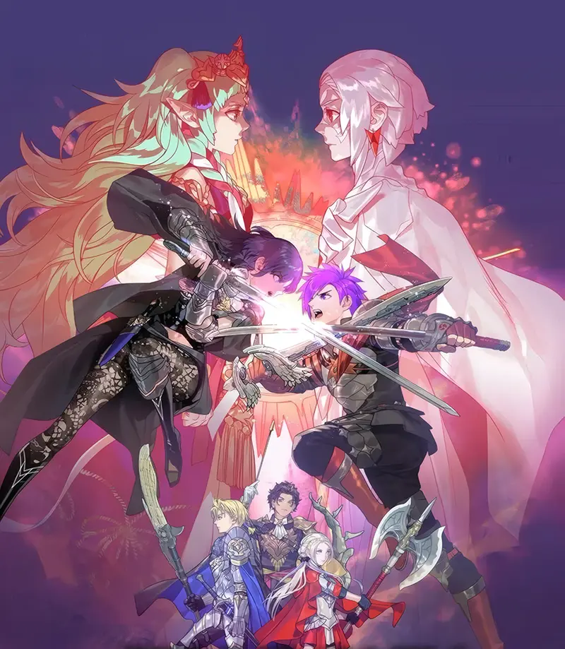 Fire Emblem wallpapers – Fire Emblem Warriors Three Hopes Shez and Byleth clashing with Sothis looming behind.