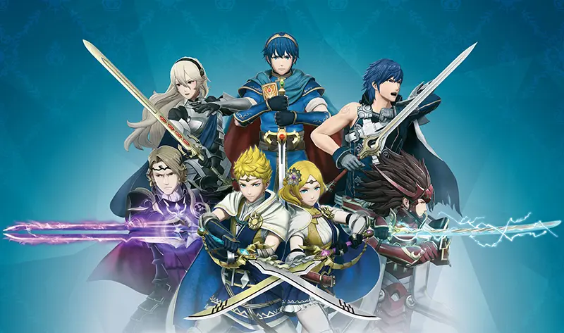 Fire Emblem wallpapers – Fire Emblem Warriors Marth, Chrom, Corrin, Rowan, Lianna, and Ryoma with glowing swords.