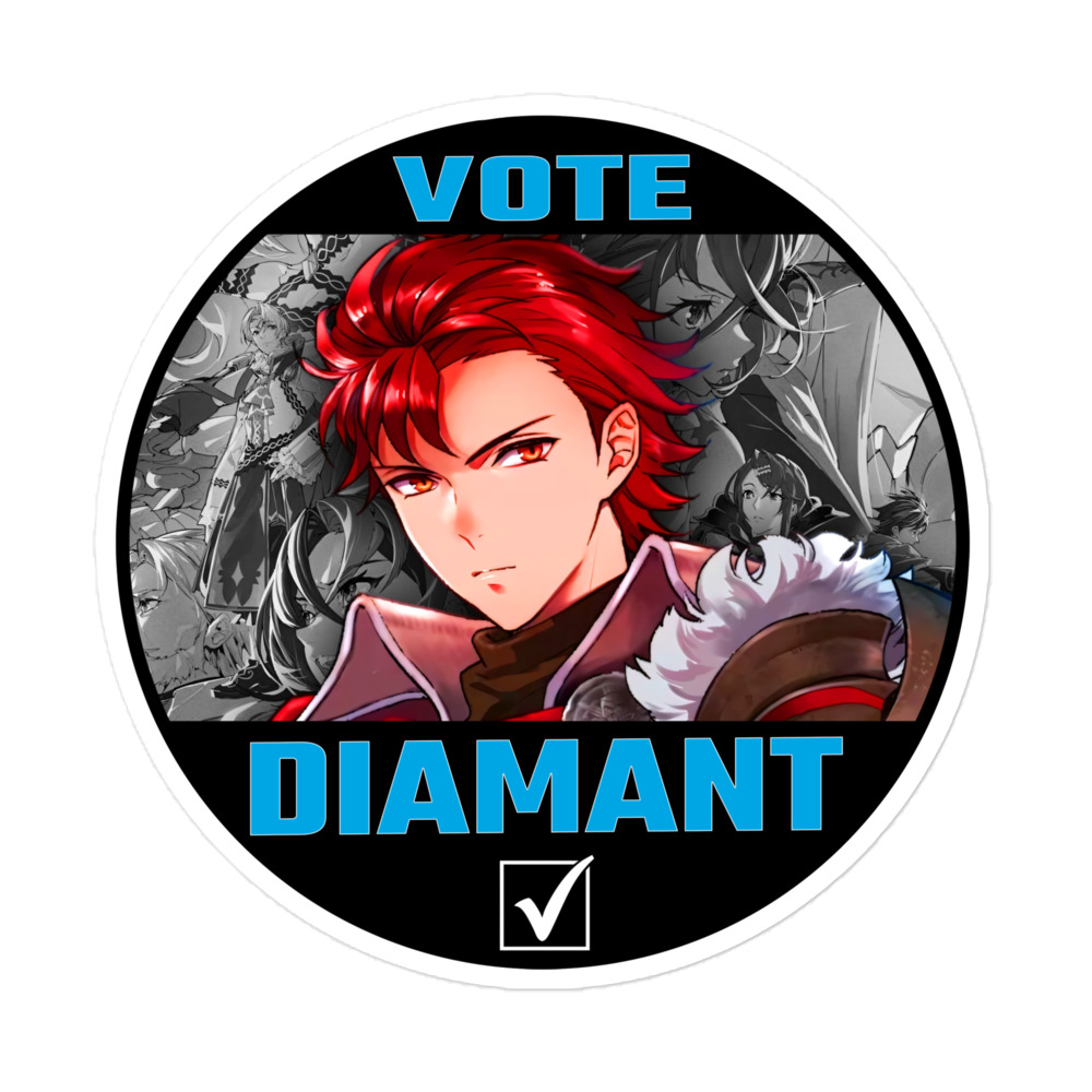 Vote for Diamant - Sticker CYL10 Diamant Fire Emblem sticker with red-haired prince portrait and black and blue VOTE layout.
