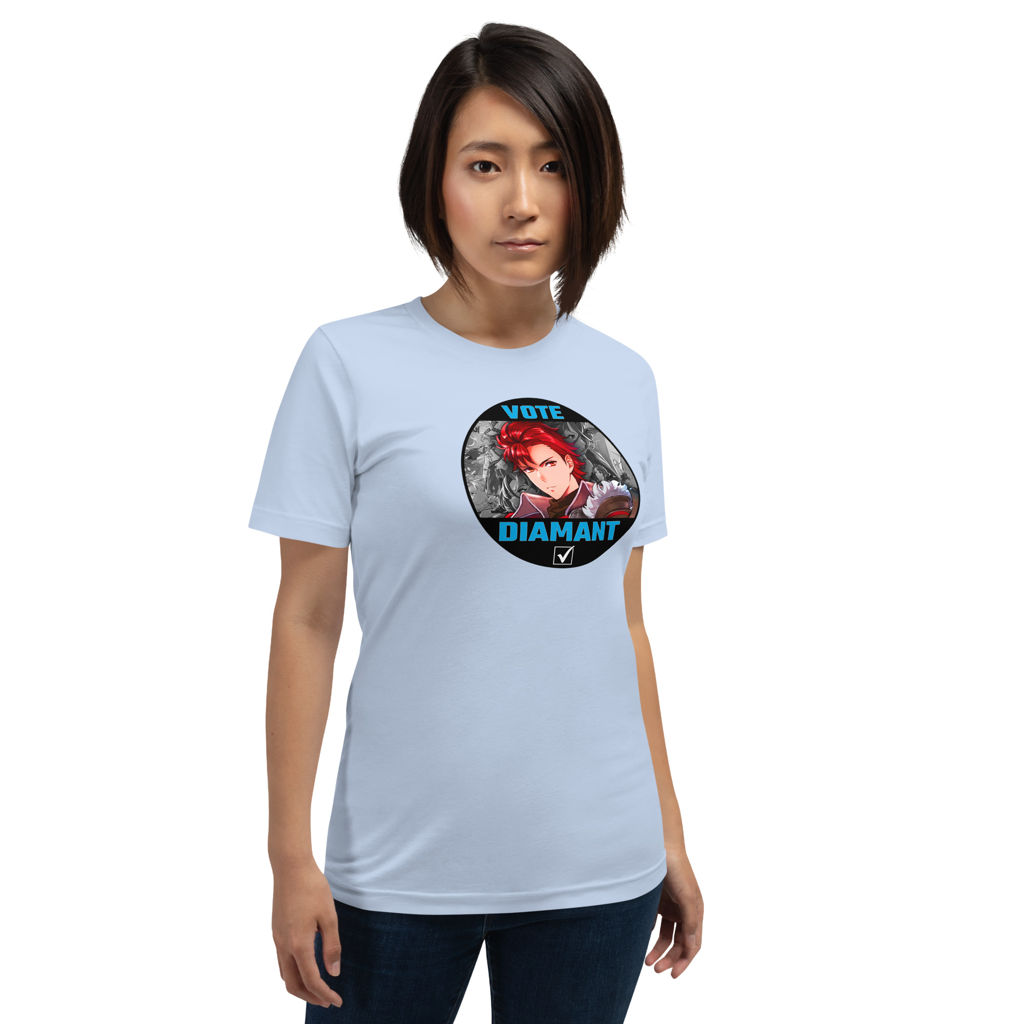 Vote for Diamant - Unisex Tee Fire Emblem Shirt with Vote for Diamant design worn by a woman in a light blue tee