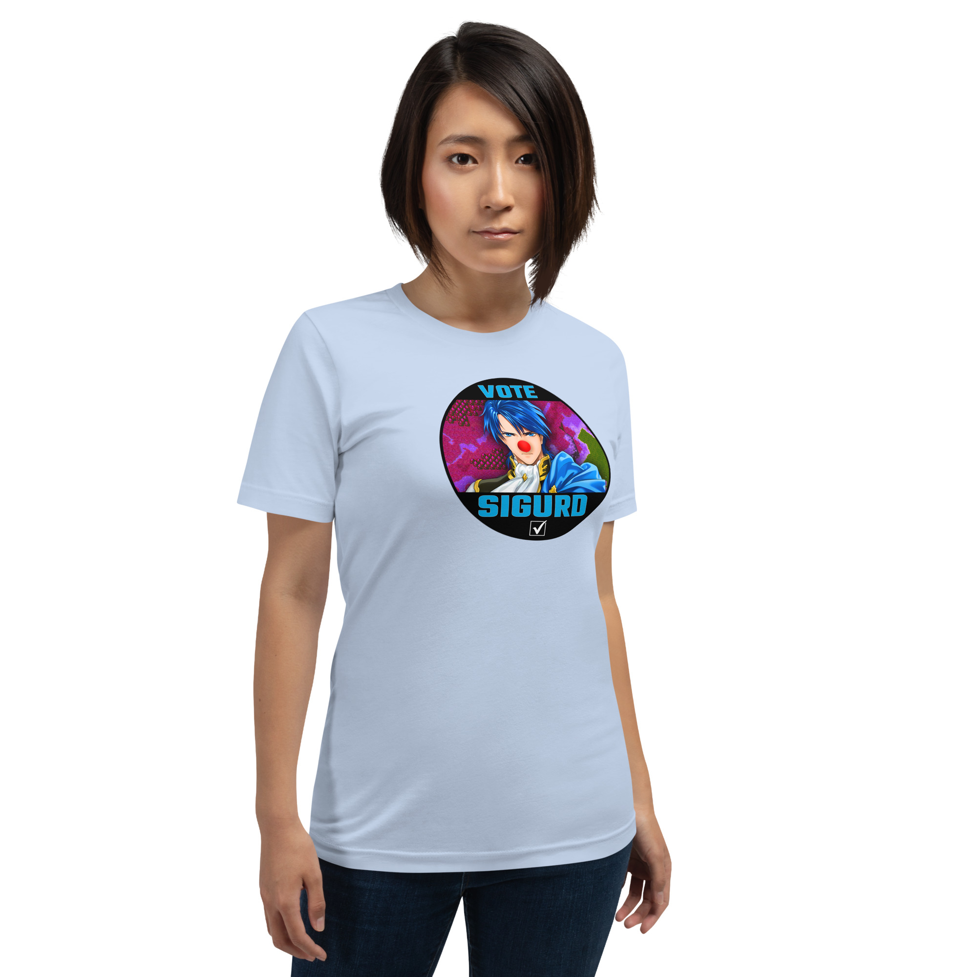 Vote for Sigurd - Unisex Tee Fire Emblem Shirt with Vote for Sigurd design worn by a woman in a light blue tee