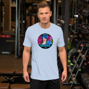 Vote for Sigurd - Unisex Tee Fire Emblem Shirt with Vote for Sigurd design worn by a man in a light blue tee at a gym