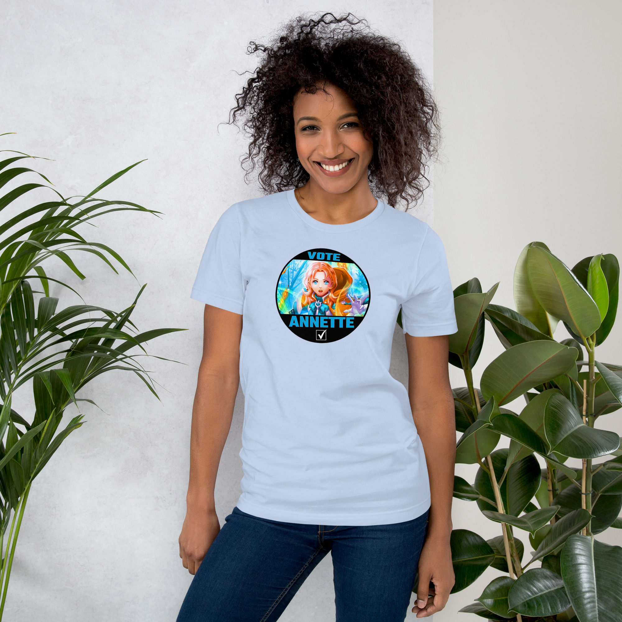 Vote for Annette - Unisex Tee Fire Emblem Shirt with Vote for Annette design worn by a woman in a light blue tee