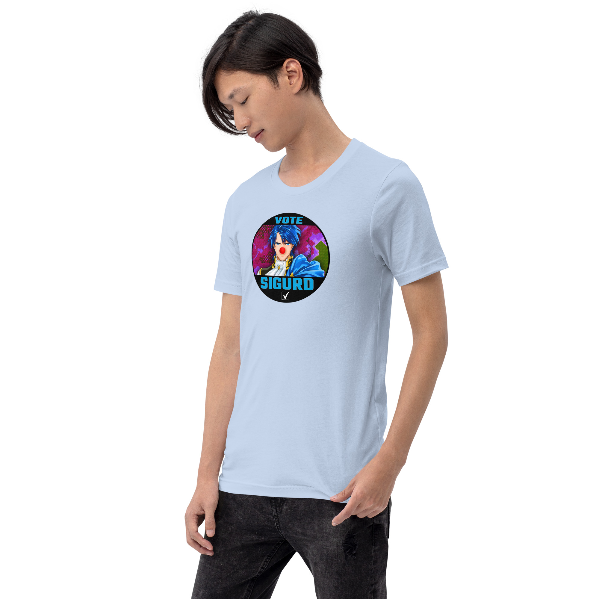 Vote for Sigurd - Unisex Tee Fire Emblem Shirt with Vote for Sigurd design worn by a man in a light blue tee