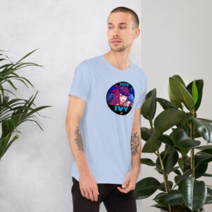 Vote for Ivy - Unisex Tee Fire Emblem Shirt with Vote for Ivy design worn by a man in a light blue tee near plants