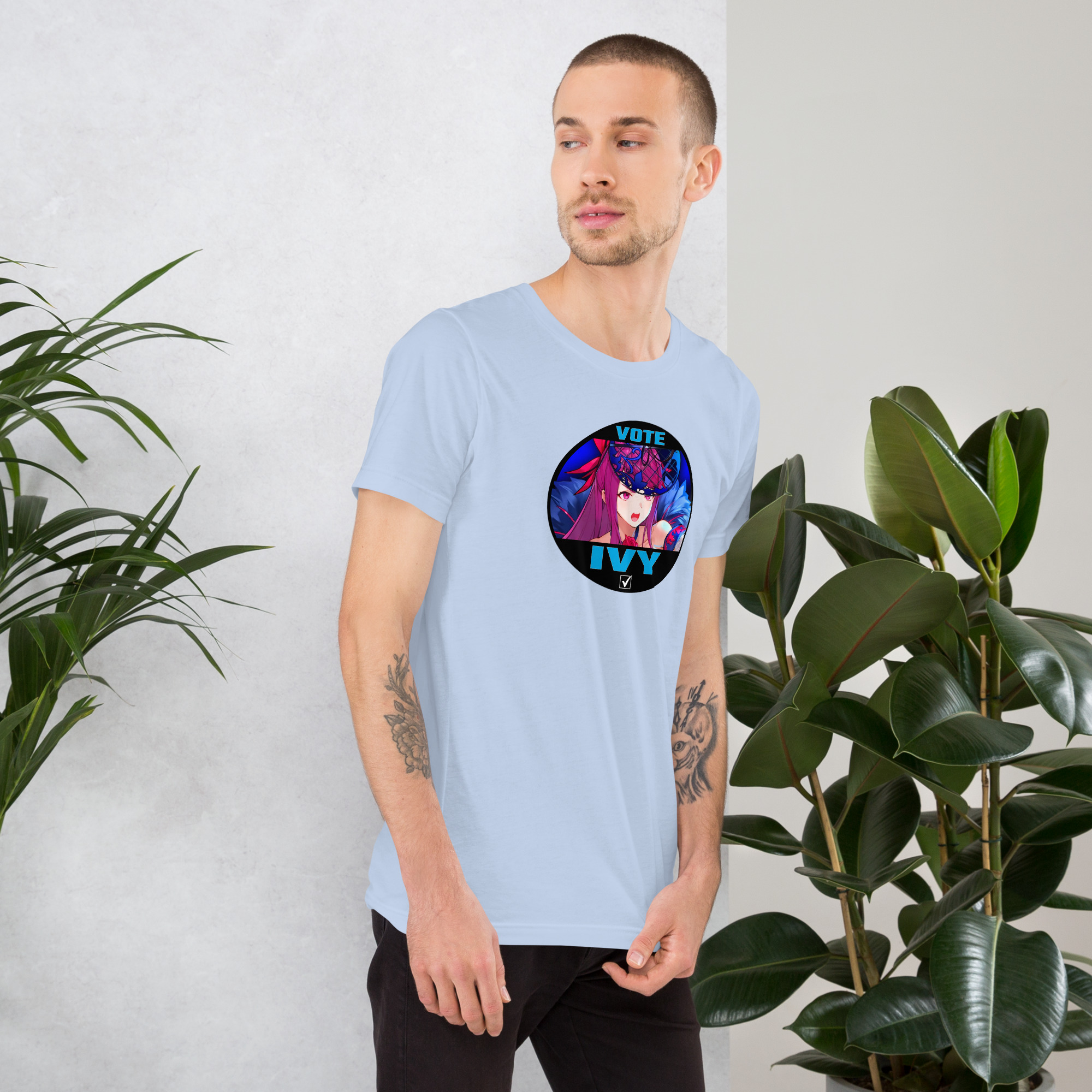 Vote for Ivy - Unisex Tee Fire Emblem Shirt with Vote for Ivy design worn by a man in a light blue tee near plants