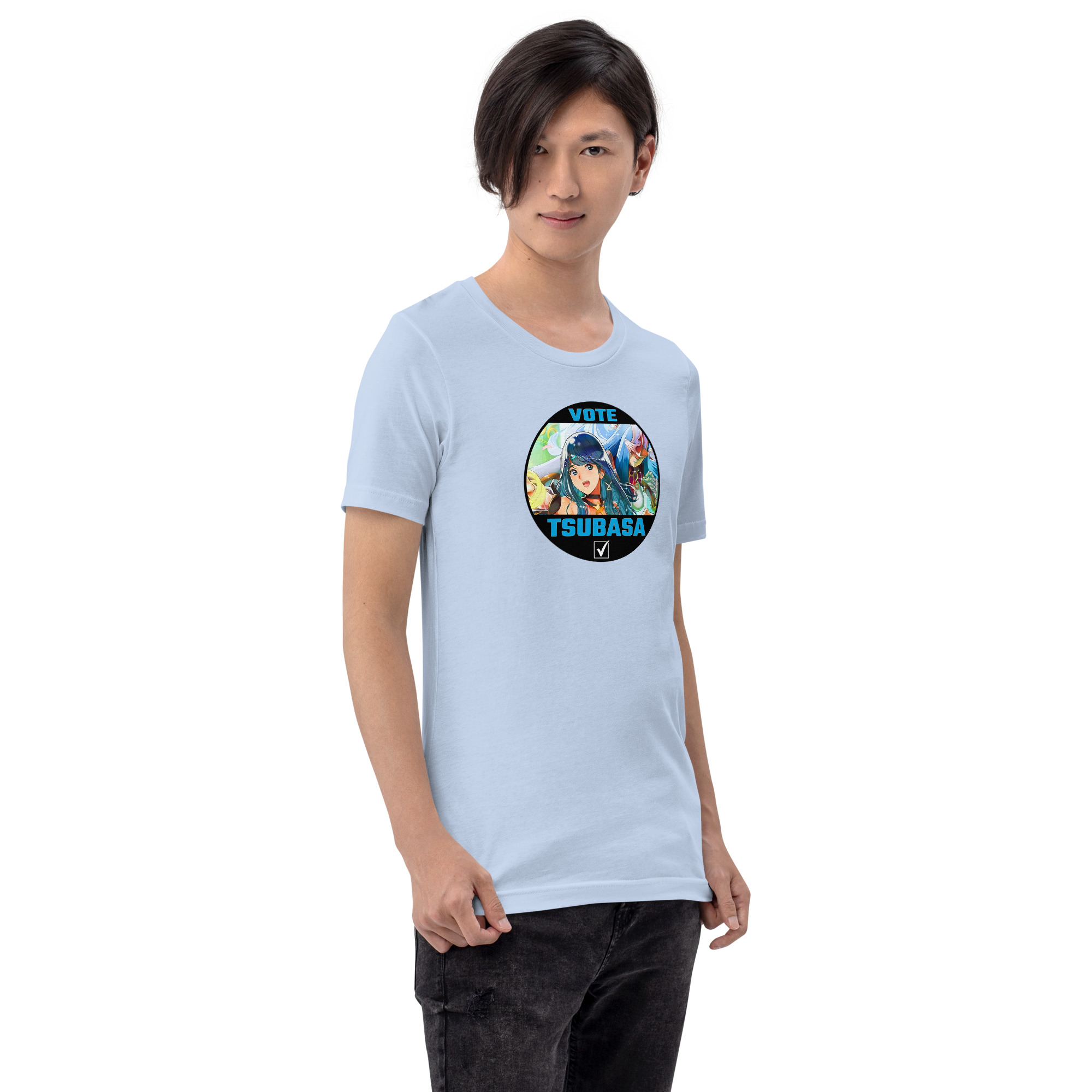 Vote for Tsubasa - Unisex Tee Fire Emblem Shirt with Vote for Tsubasa design worn by a man in a light blue tee