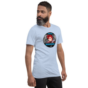 Vote for Diamant - Unisex Tee Fire Emblem Shirt with Vote for Diamant design worn by a man in a light blue tee