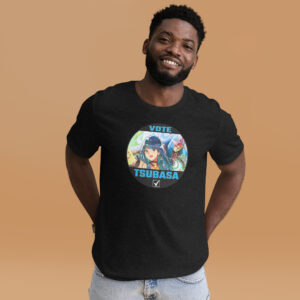 Vote for Tsubasa - Unisex Tee Fire Emblem Shirt with Vote for Tsubasa design worn by a man in a black tee on a studio background