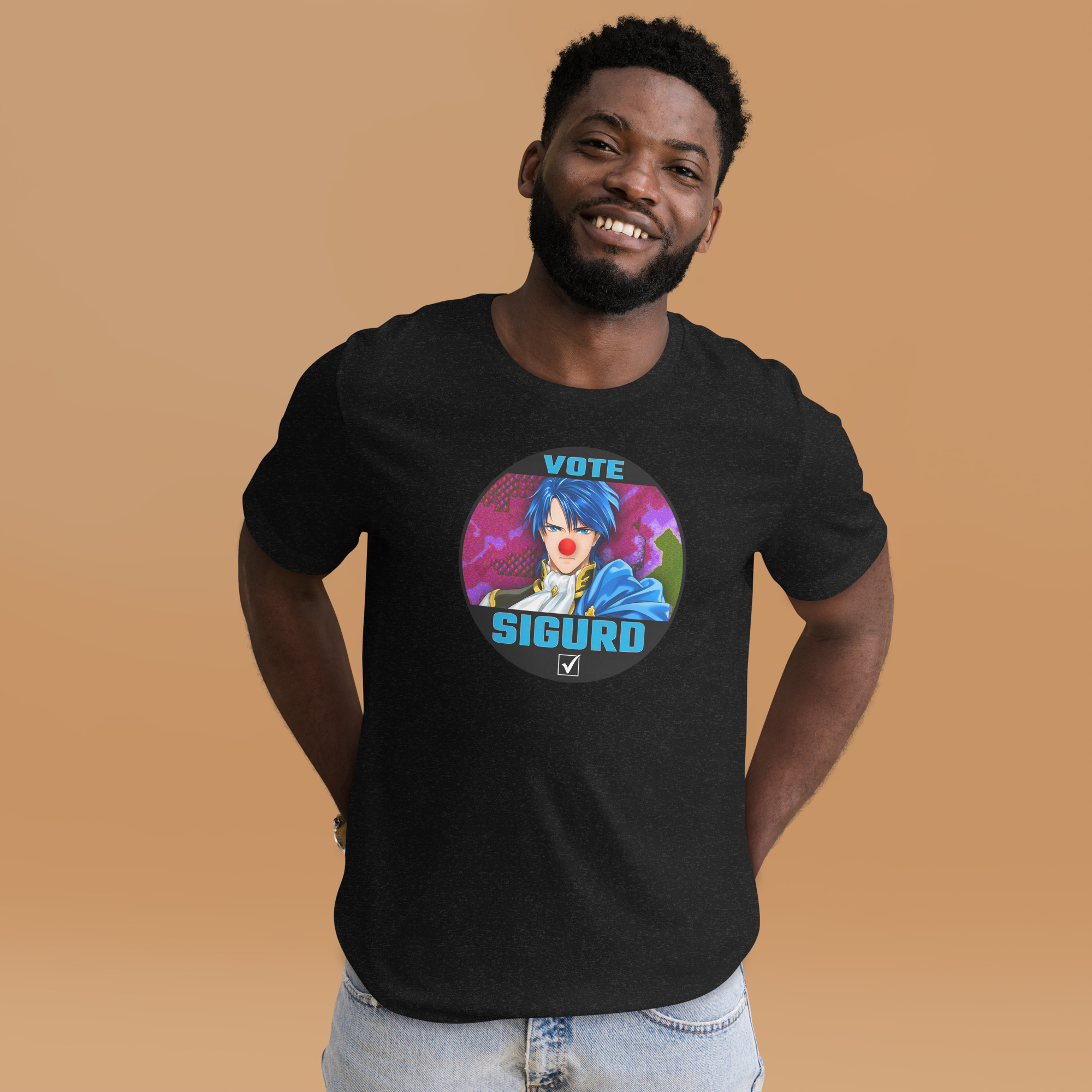 Vote for Sigurd - Unisex Tee Fire Emblem Shirt with Vote for Sigurd design worn by a man in a black tee on a studio background