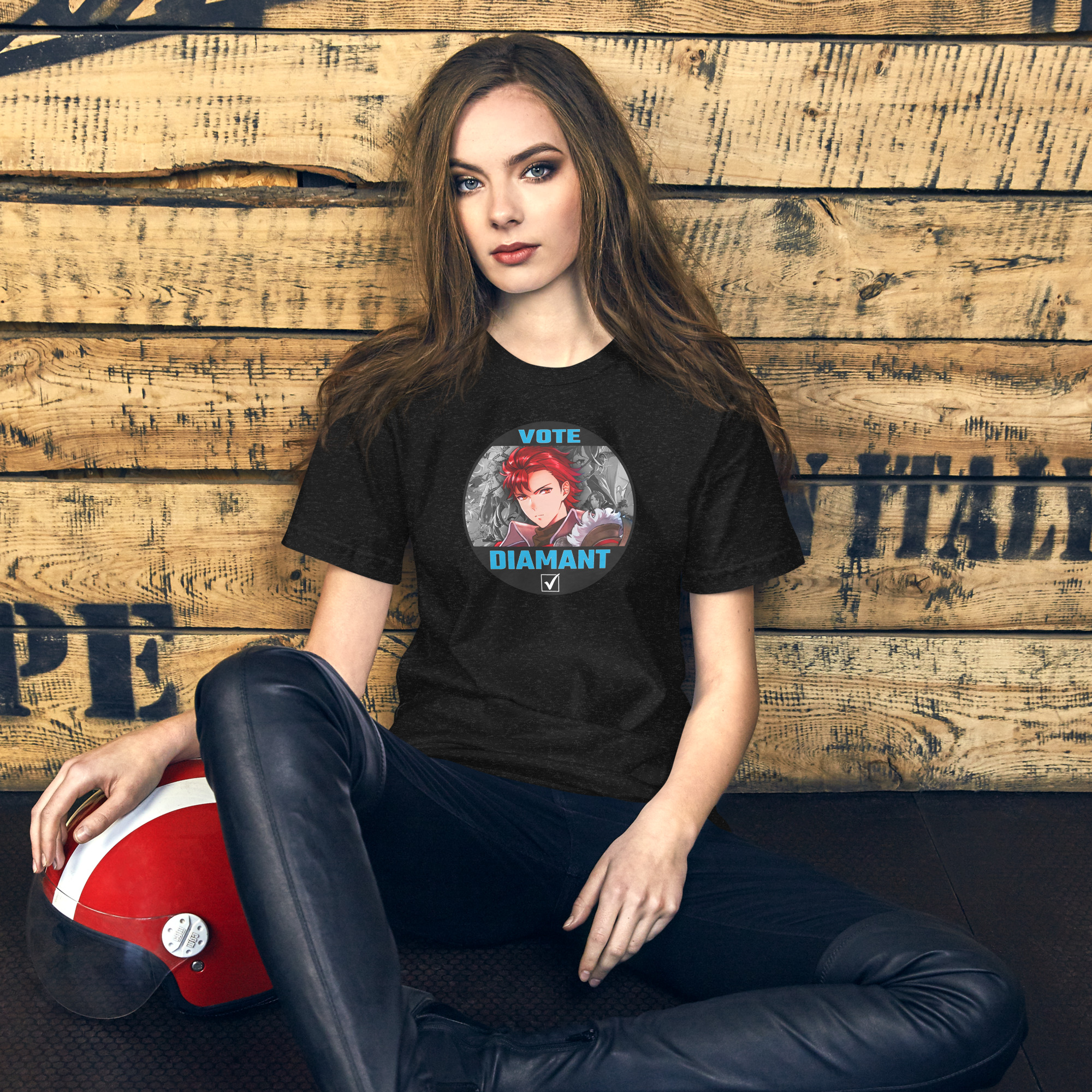 Vote for Diamant - Unisex Tee Fire Emblem Shirt with Vote for Diamant design worn by a woman seated in a black tee