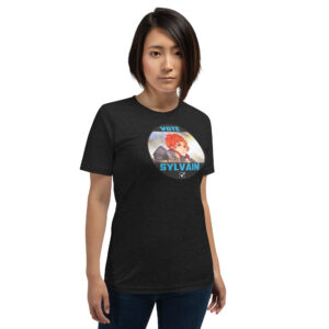 Fire Emblem Shirt with Vote for Sylvain design worn by a woman in a black tee