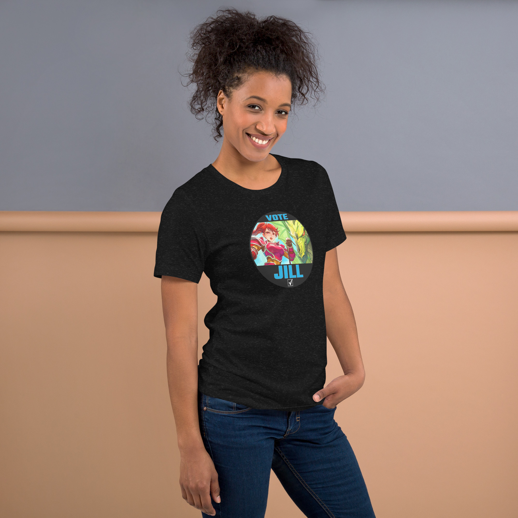 Vote for Jill - Unisex Tee Fire Emblem Shirt with Vote for Jill design worn by a woman in a black tee