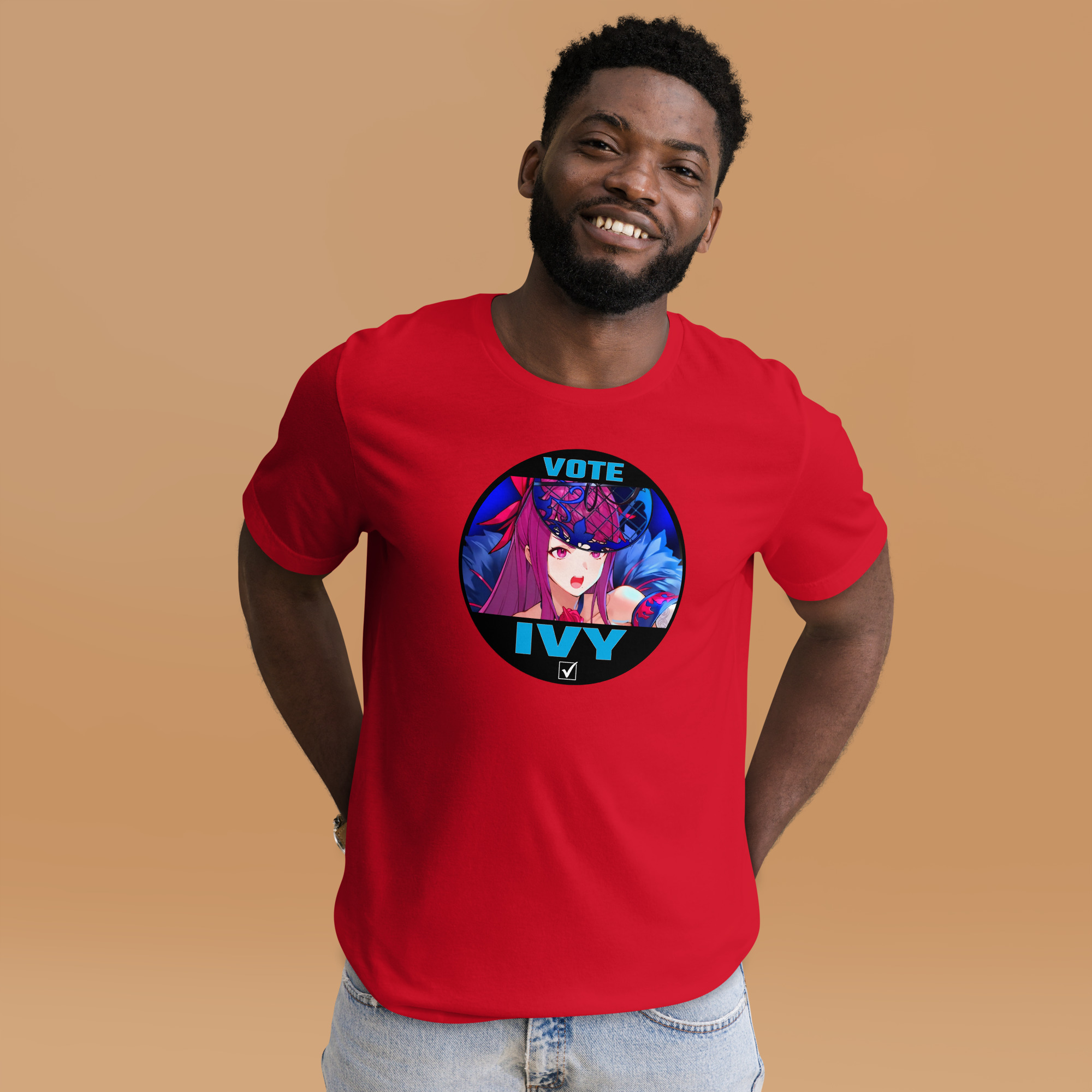 Vote for Ivy - Unisex Tee Fire Emblem Shirt with Vote for Ivy design worn by a man in a red tee