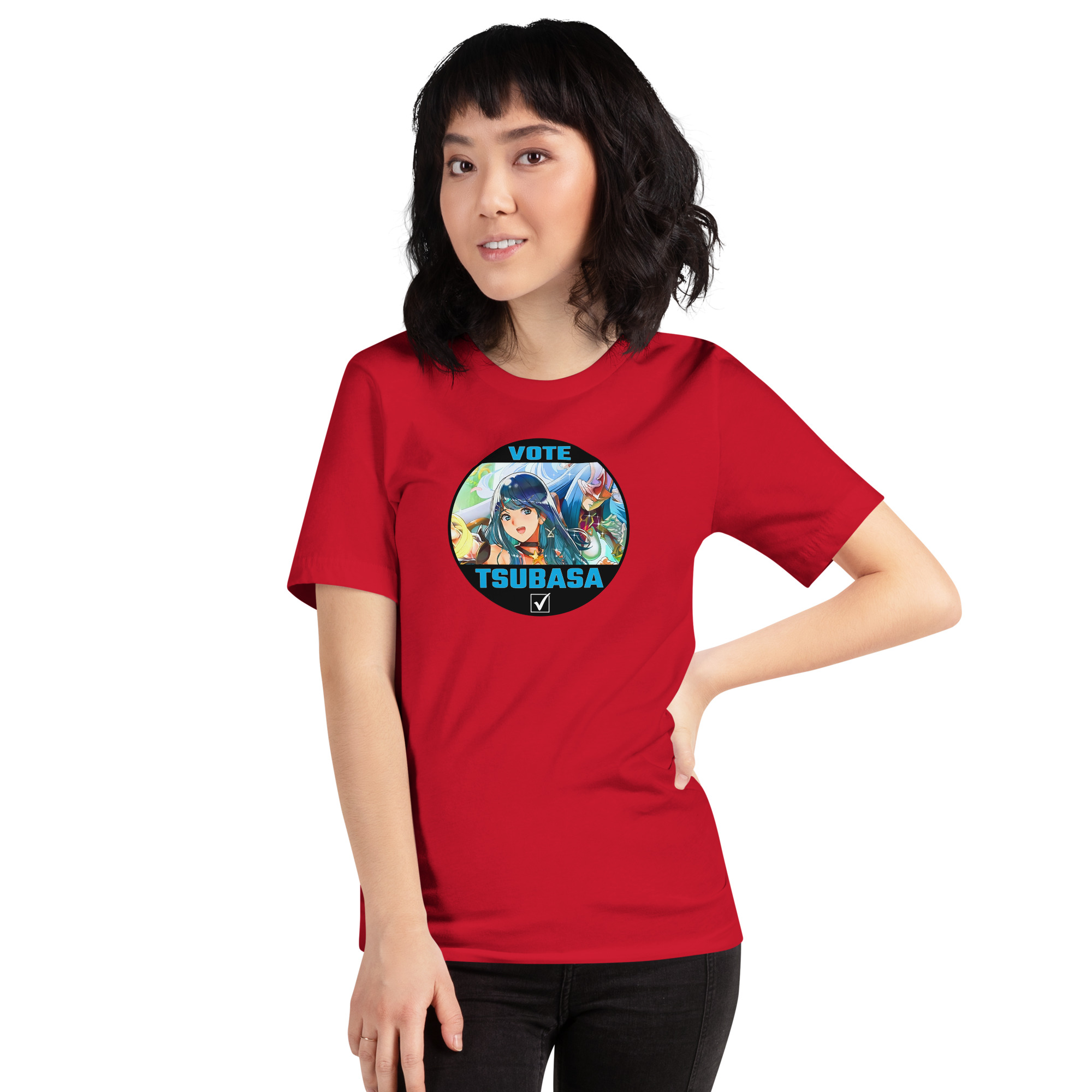 Vote for Tsubasa - Unisex Tee Fire Emblem Shirt with Vote for Azura design worn by a woman in a red tee