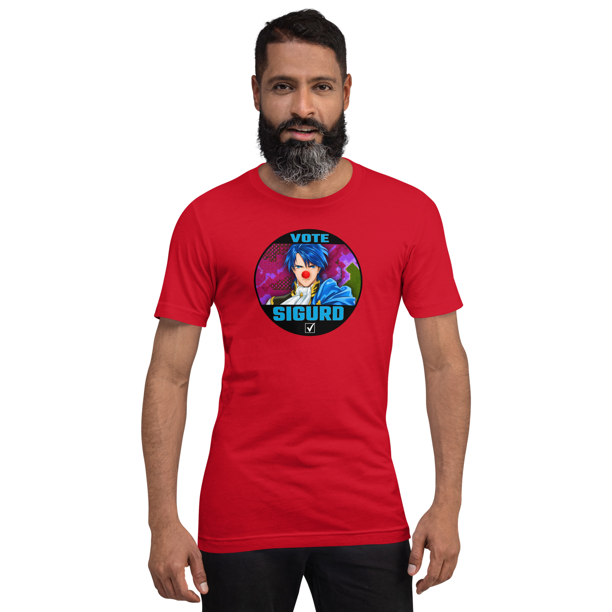 Vote for Sigurd - Unisex Tee Fire Emblem Shirt with Vote for Sigurd design worn by a man in a red tee