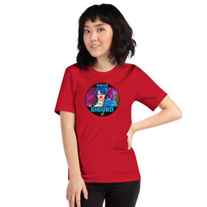 Vote for Sigurd - Unisex Tee Fire Emblem Shirt with Vote for Sigurd design worn by a woman in a red tee