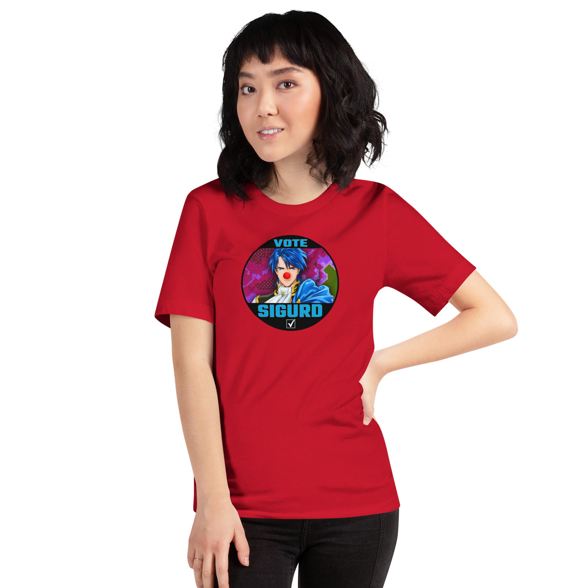 Vote for Sigurd - Unisex Tee Fire Emblem Shirt with Vote for Sigurd design worn by a woman in a red tee