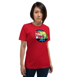 Vote for Jill - Unisex Tee Fire Emblem Shirt with Vote for Jill design worn by a woman in a red tee
