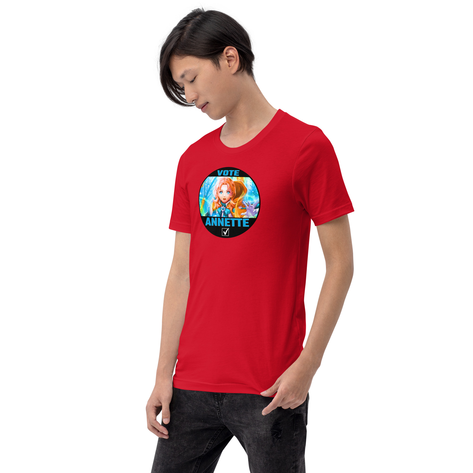 Vote for Annette - Unisex Tee Fire Emblem Shirt with Vote for Annette design worn by a man in a red tee