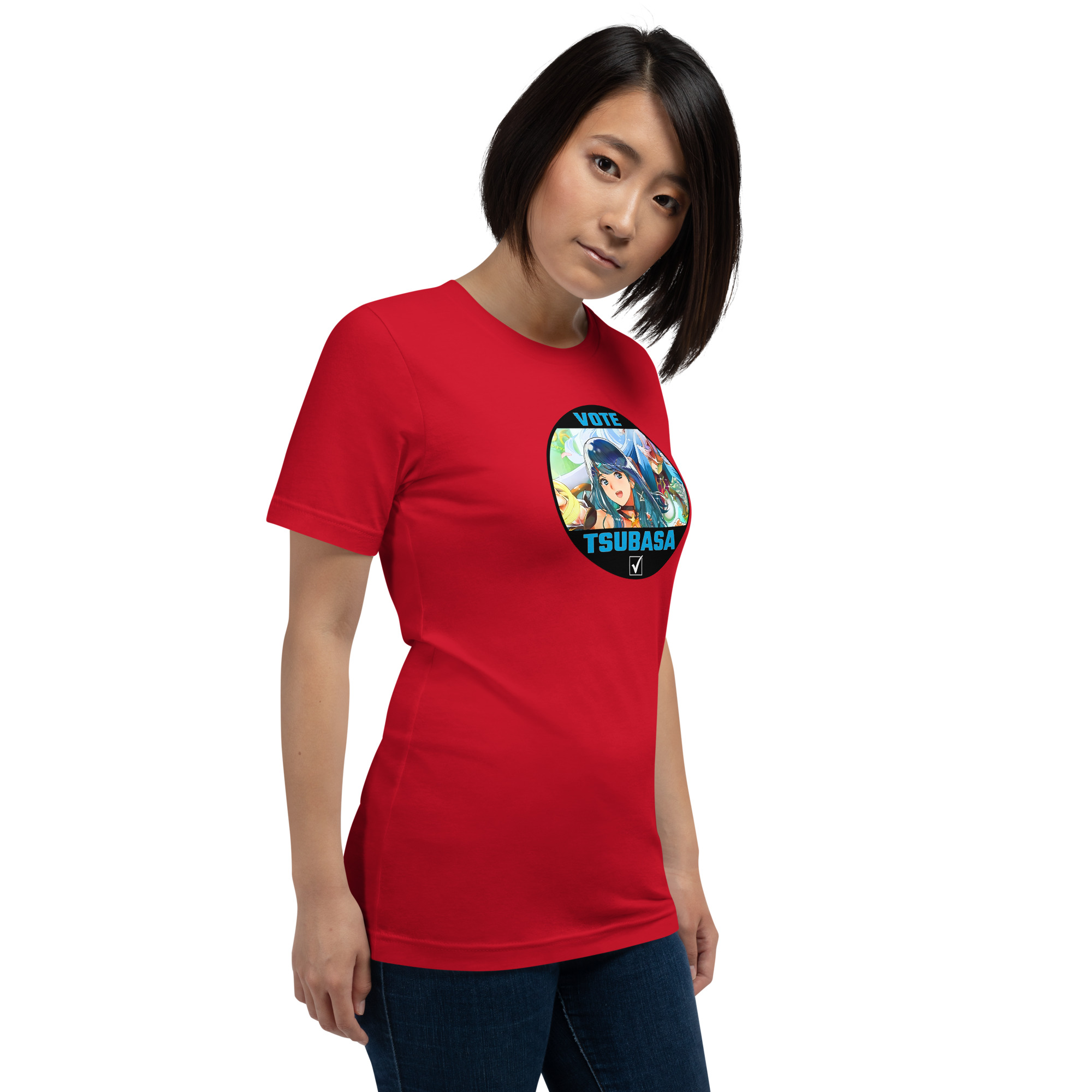 Vote for Tsubasa - Unisex Tee Fire Emblem Shirt with Vote for Tsubasa design worn by a woman in a red tee
