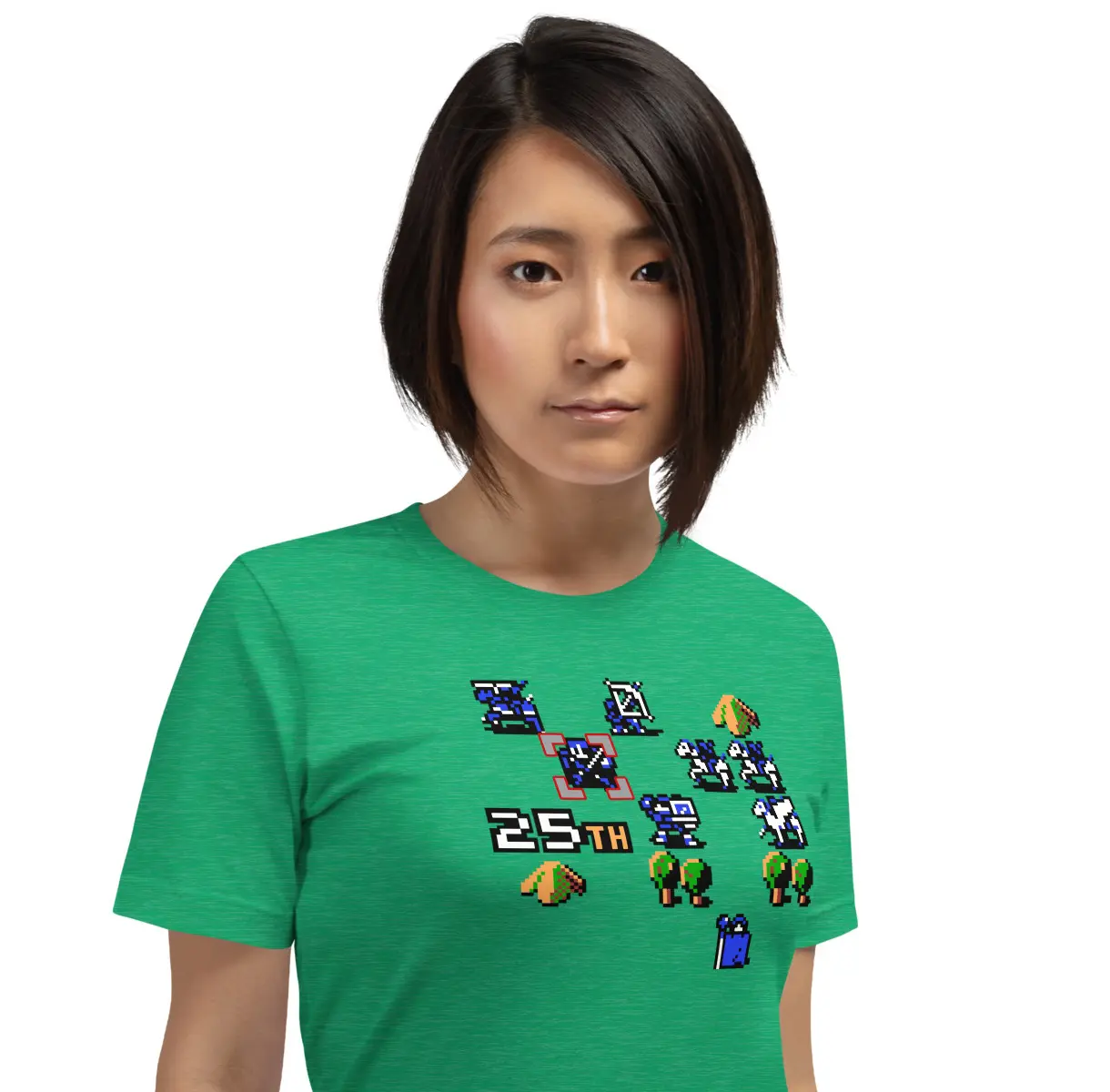 Fire Emblem 25th Anniversary Inspired - Unisex Tee Fire Emblem Shirt - 25th Anniversary inspired t-shirt in green, closeup view