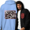 Fire Emblem Hoodie - Cipher inspired design with a model in a black hoodie and a the back of the hoodie in the blue variant