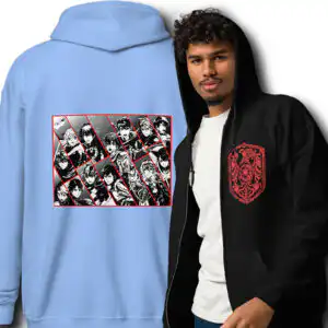 Fire Emblem Hoodie - Cipher inspired design with a model in a black hoodie and a the back of the hoodie in the blue variant
