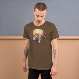 Fire Emblem Shirt - Shadows of Valentia inspired brown shirt worn by model, lifestyle view