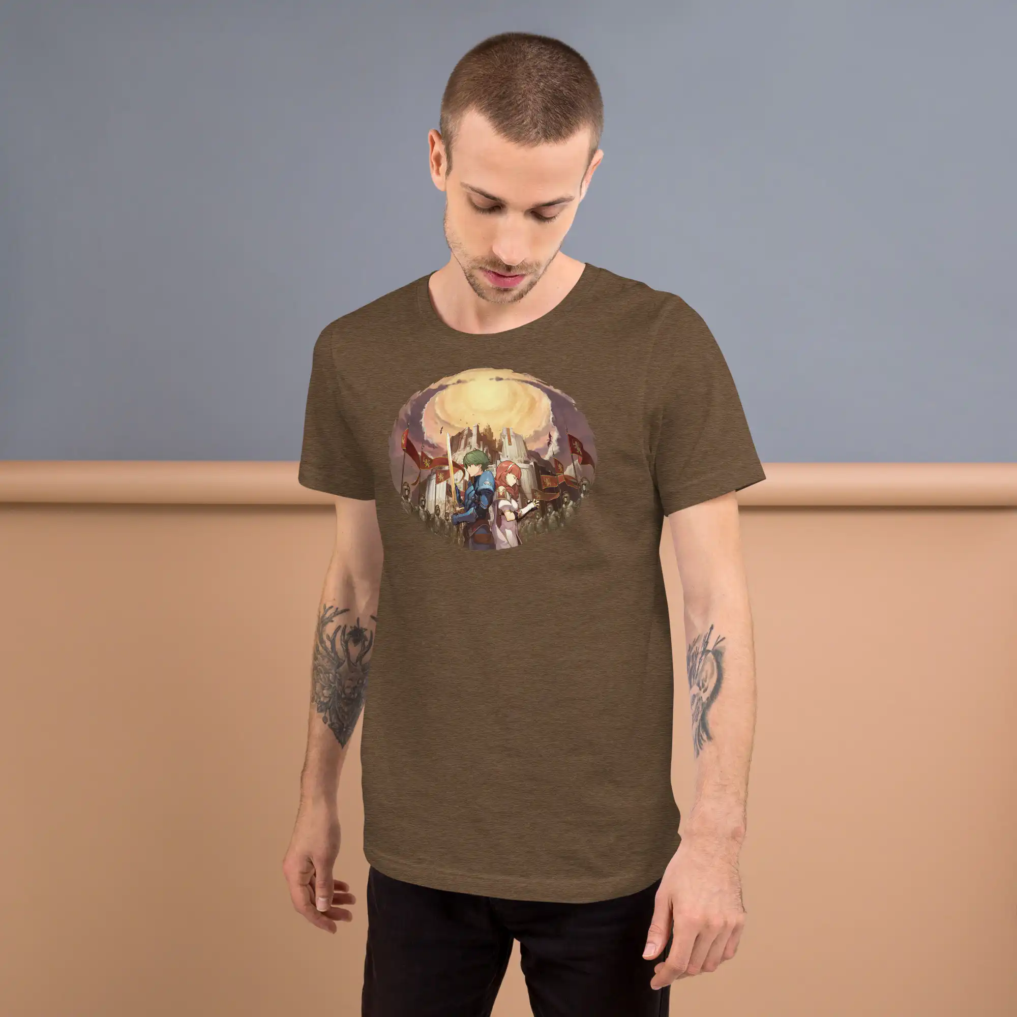 Shadows of Valentia - Unisex Tee Fire Emblem Shirt - Shadows of Valentia inspired brown shirt worn by model, lifestyle view