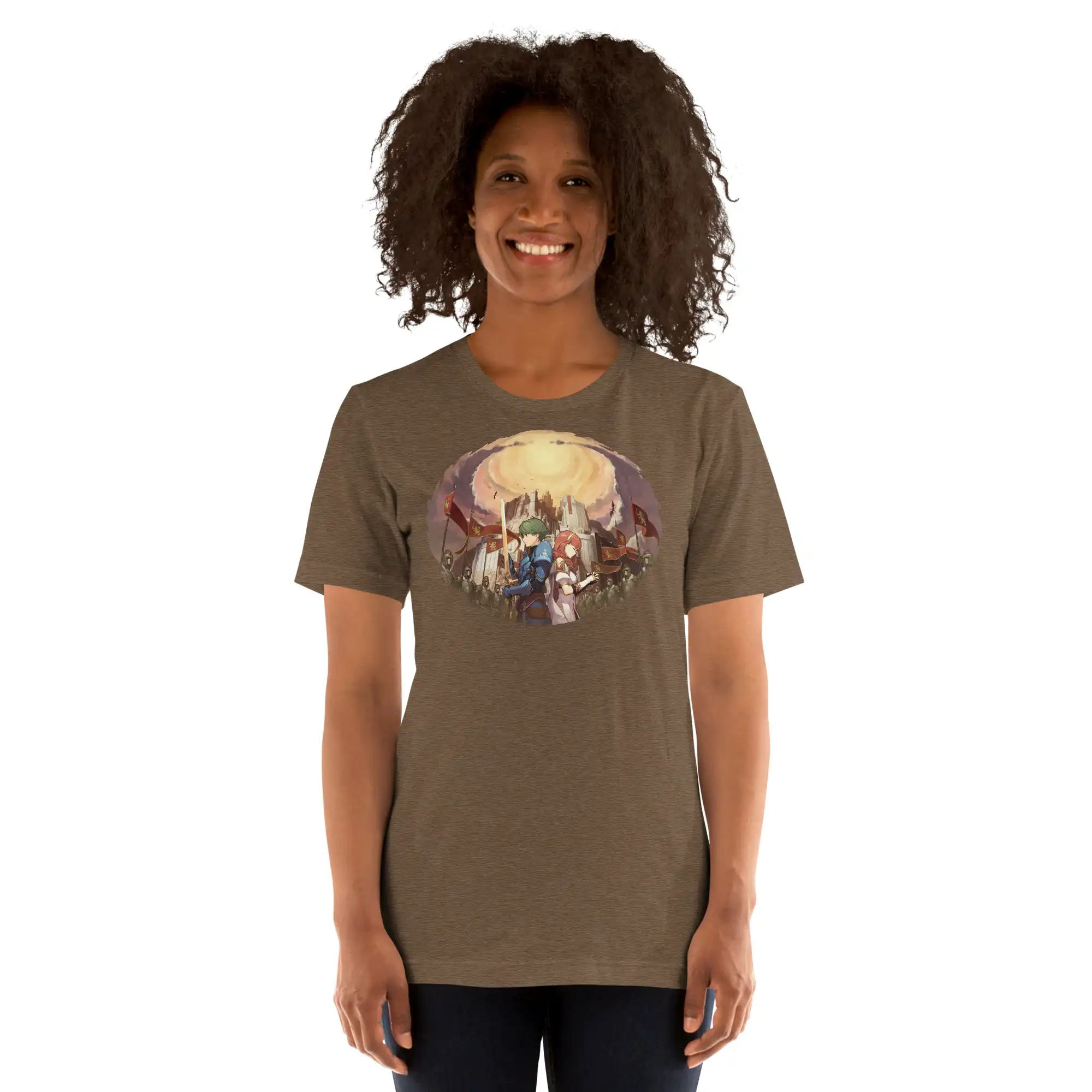 Shadows of Valentia - Unisex Tee Fire Emblem Shirt - Shadows of Valentia inspired shirt in brown, front view on model