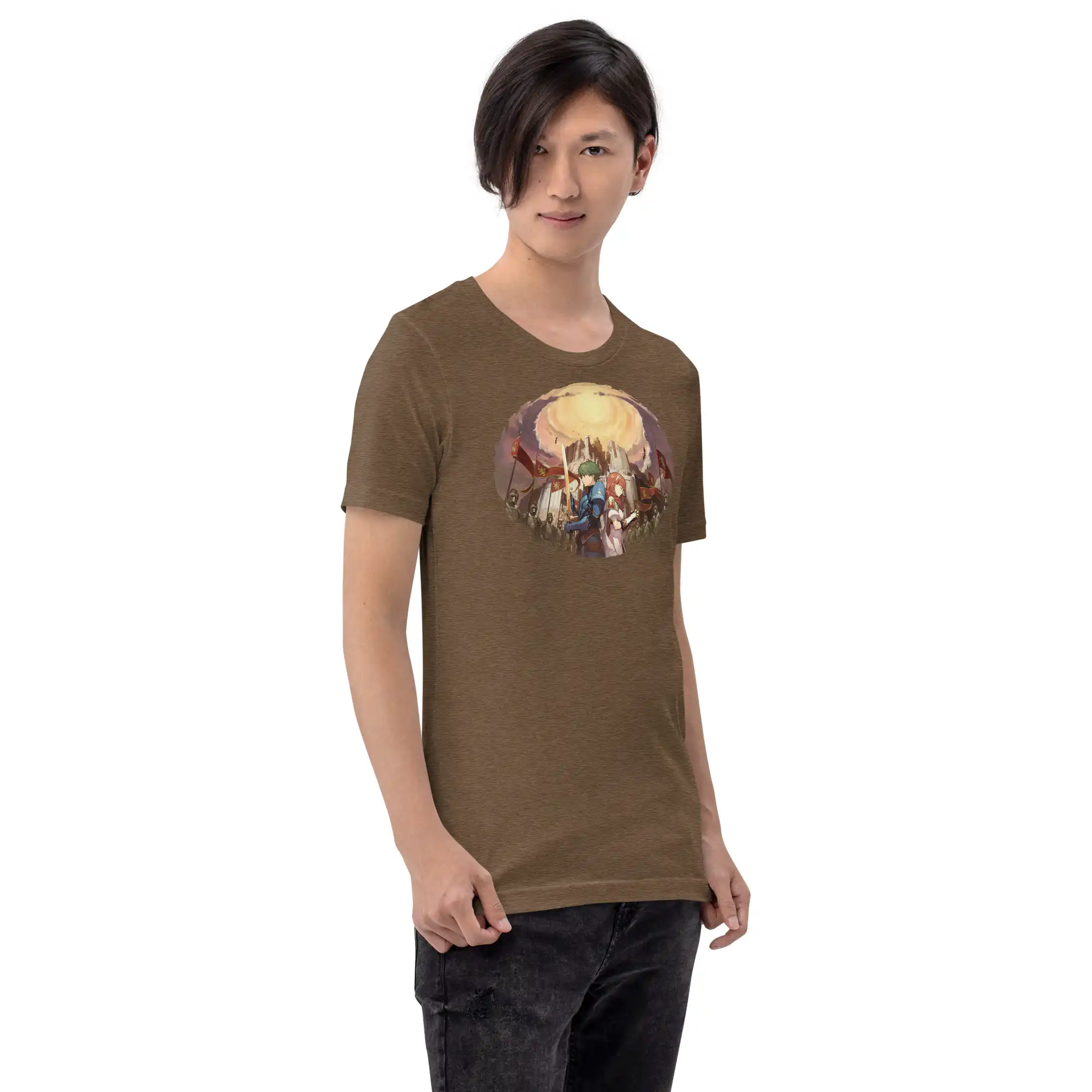 Shadows of Valentia - Unisex Tee Fire Emblem Shirt - Shadows of Valentia inspired brown shirt worn by model, side view