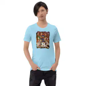 Fire Emblem Shirt - Path of Radiance t-shirt in light blue, front view on model