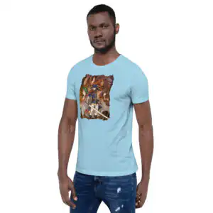 Fire Emblem Shirt - Path of Radiance inspired t-shirt in light blue, front view on model