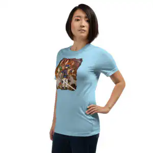 Fire Emblem Shirt - Path of Radiance inspired t-shirt in light blue, angled view on model
