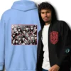 Fire Emblem Hoodie - Cipher inspired design with a model in a black hoodie and a the back of the hoodie in the blue variant with additional arm art