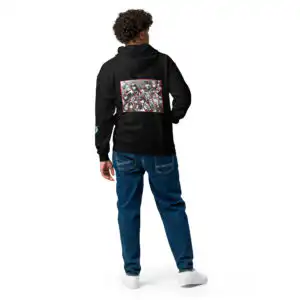 Fire Emblem Hoodie -Cipher inspired zip hoodie in black, back view on model with additional arm art