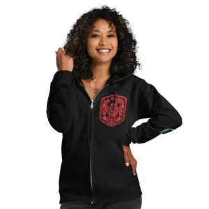 Fire Emblem Hoodie - Cipher inspired zip hoodie in black, front view on model with additional arm art