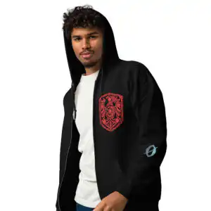 Fire Emblem Hoodie - Cipher inspired zip hoodie in black, front view on model with additional arm art