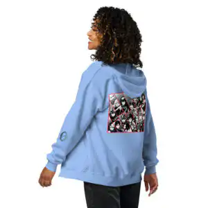 Fire Emblem Hoodie -Cipher inspired zip hoodie in light blue, angled back view on model with additional arm art
