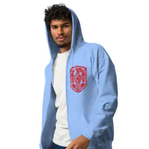 Fire Emblem Hoodie - Cipher inspired zip hoodie in light blue, front view on model with additional arm art
