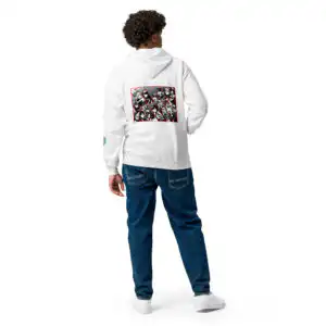 Fire Emblem Hoodie - Cipher inspired zip hoodie in white, back view on model with additional arm art