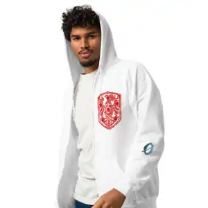 Fire Emblem Hoodie -Cipher inspired zip hoodie in white, front view on model with additional arm art