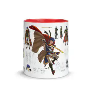 Fire Emblem Mug - Ike action pose with red handle, showing a large dynamic illustration of Ike with cape alongside smaller concept sketches