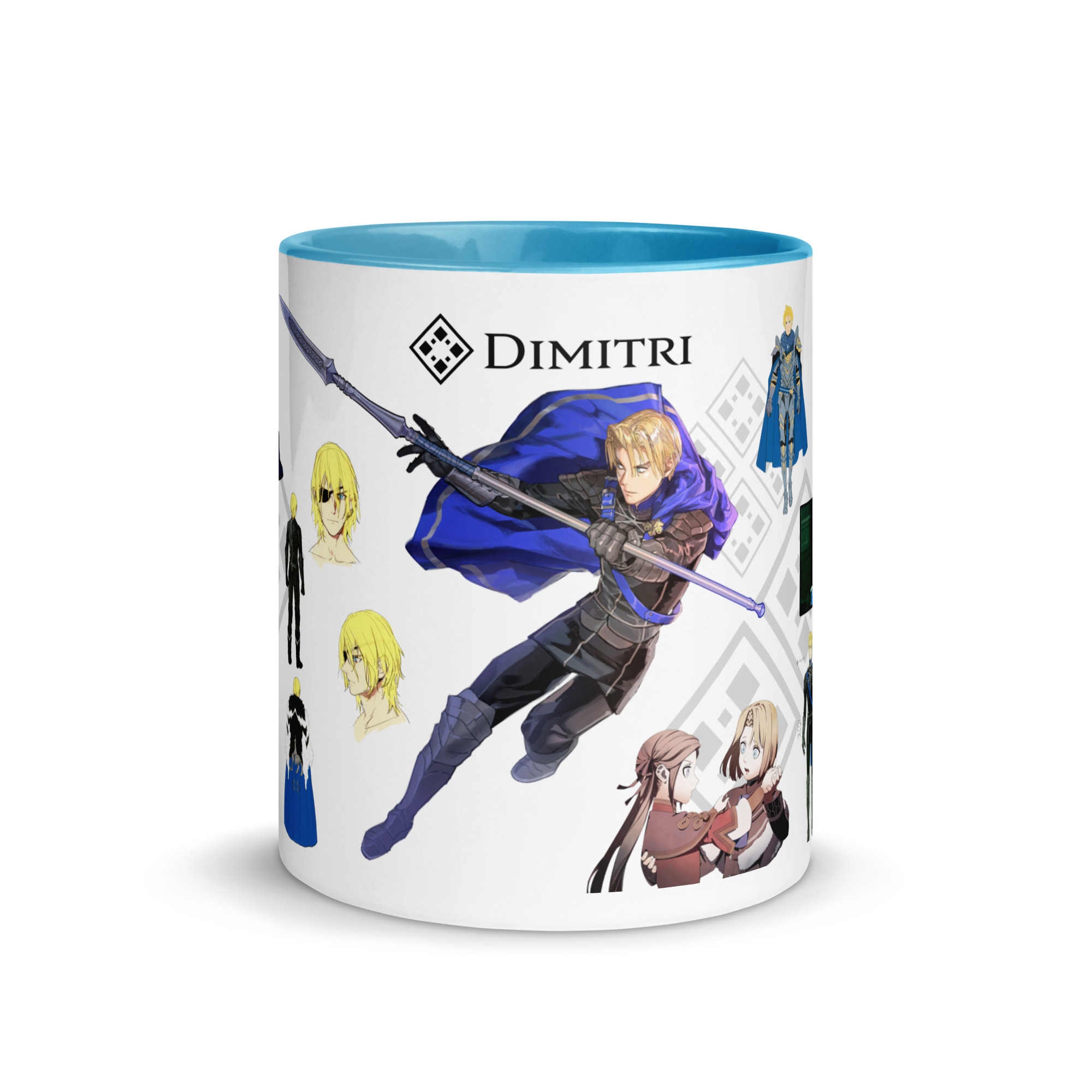 Dimitri Concept Art - Mug Fire Emblem mug featuring dynamic Dimitri battle artwork surrounded by concept sketches and design studies from Three Houses