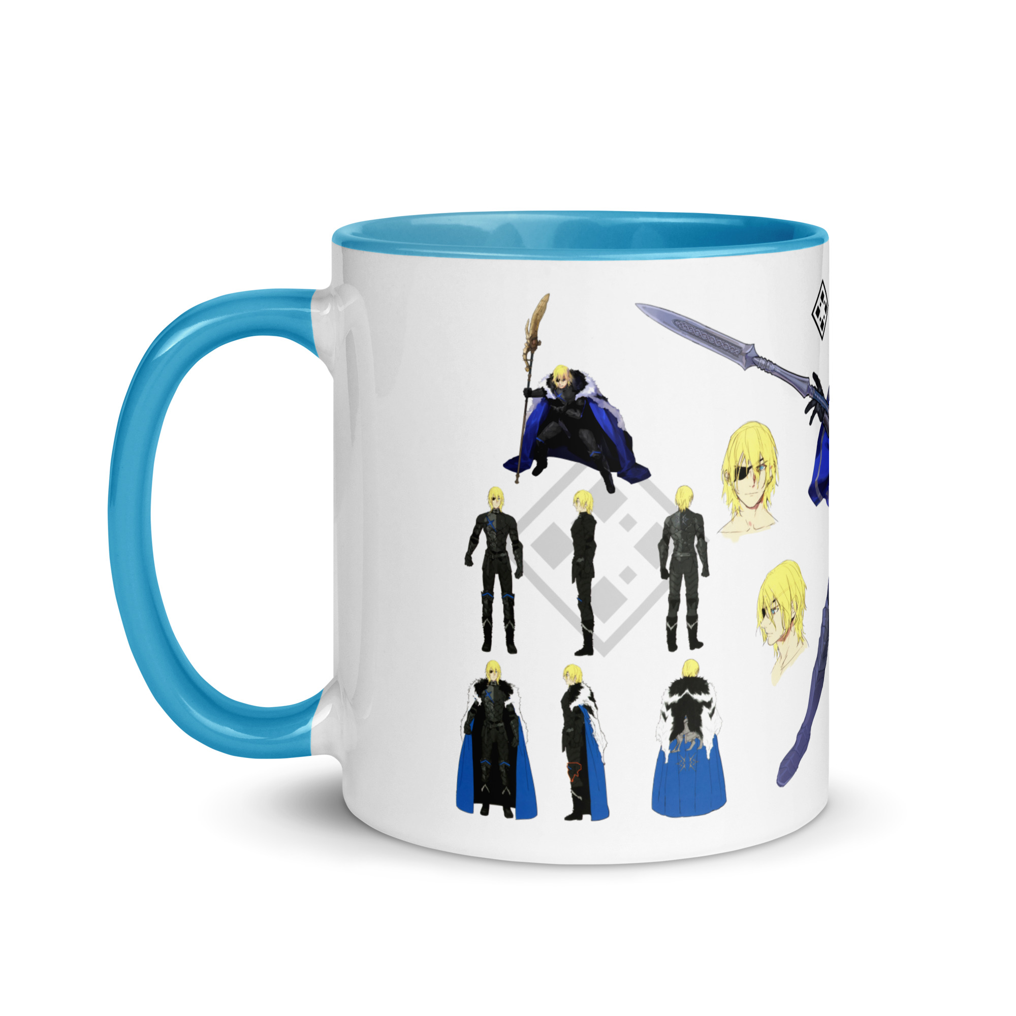 Dimitri Concept Art - Mug Fire Emblem mug with Dimitri character sketches and concept artwork from Three Houses displayed on a white ceramic mug with blue handle