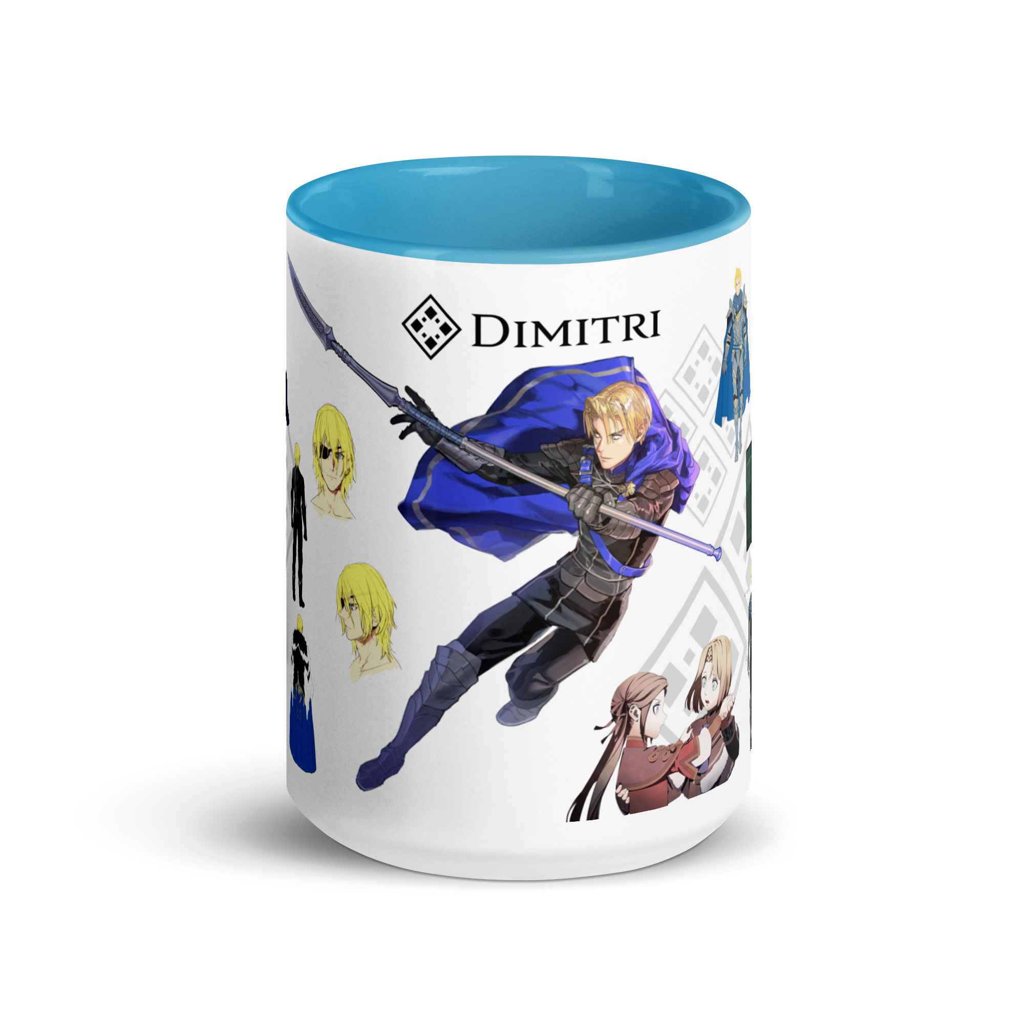 Dimitri Concept Art - Mug Fire Emblem mug with Dimitri concept art from Three Houses showing detailed character development sketches and full-color combat artwork
