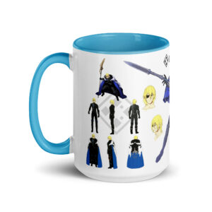 Dimitri Concept Art - Mug Fire Emblem mug with Dimitri concept art and Three Houses character development sketches wrapped around a blue accented ceramic mug