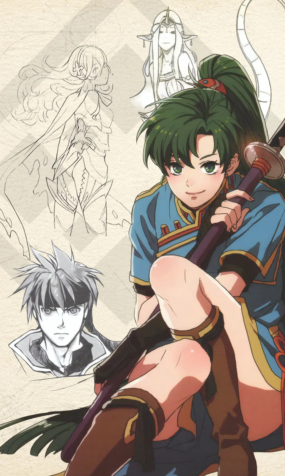 Fire Emblem Concept Art with official character sketches, development artwork, and concept designs from across the Fire Emblem series, including Mila, Lyn, Ike, and Corrin.