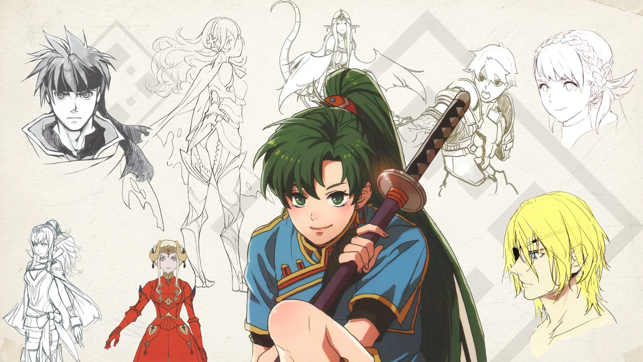 Fire Emblem Concept Art with official character sketches, development artwork, and concept designs from across the Fire Emblem series, including Edelgard, Dimitri, Lyn, Ike, Corrin, and others.